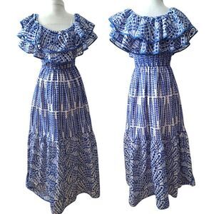 Daphne Lo Women Ruffle Tiered Boho Eyelet Travel Vacation Smocked Waist Dress S